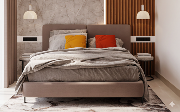 Bed, Wardrobe, Bedside table, Dresser