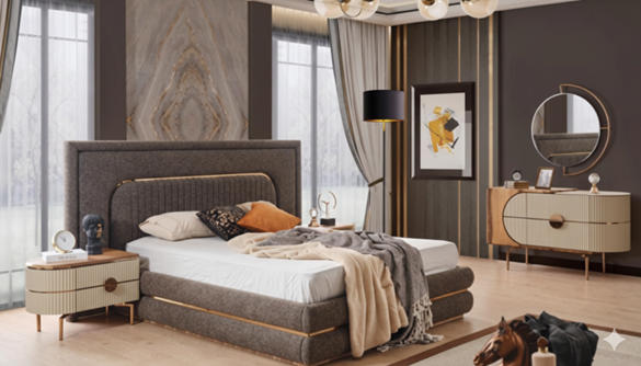 Bed, Wardrobe, Bedside table, Dresser