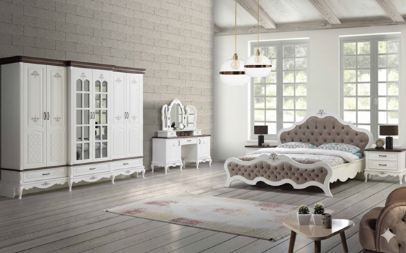 Bed, Wardrobe, Bedside table, Dresser